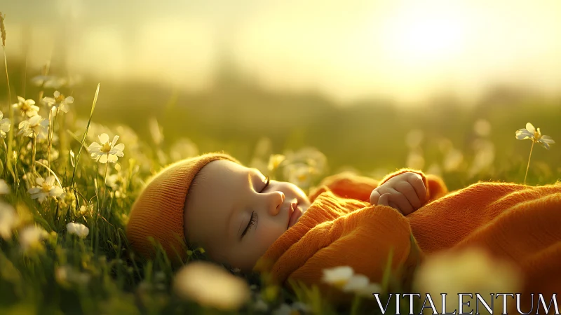 Infant sleeping in sunlit meadow with shallow depth of field