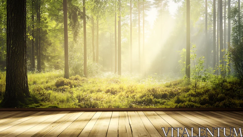 Sunlit forest clearing with towering trees and golden morning rays.