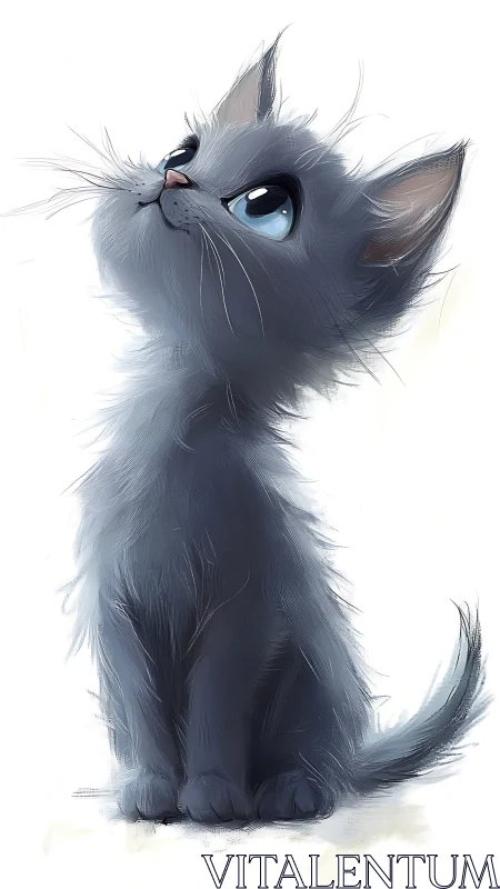 Fluffy Gray Cat Digital Portrait with Big Blue Eyes