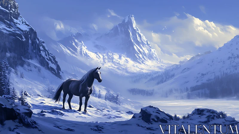 Solitary dark horse surveys vast blue alpine snow valley