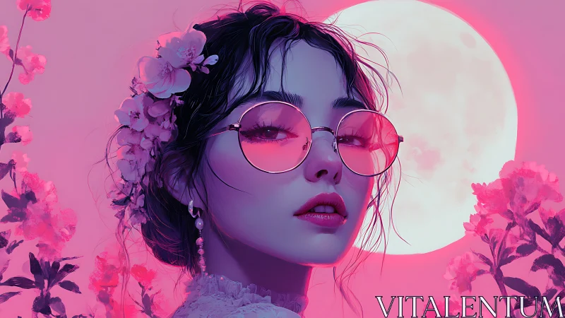 Neon-lit floral portrait with pink moonlit atmosphere.