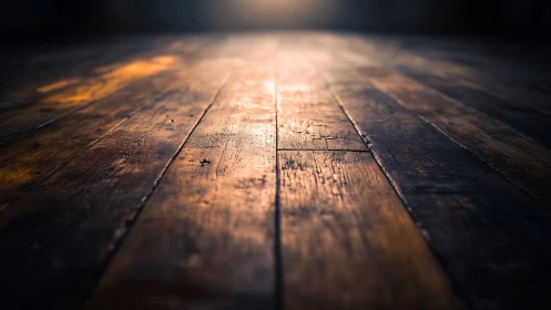 Raking light glides across weathered wooden floorboards