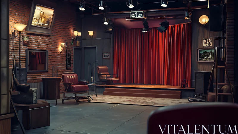 Brickwalled talk show corner glows before the red curtain.