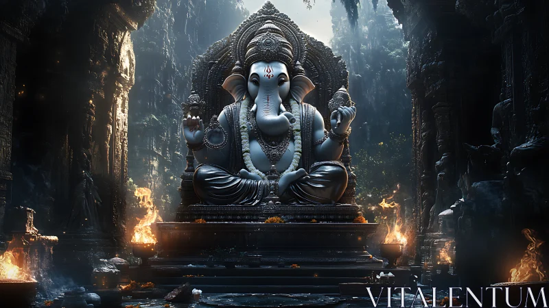 Ganesha stone statue in ornate jungle temple interior setting.