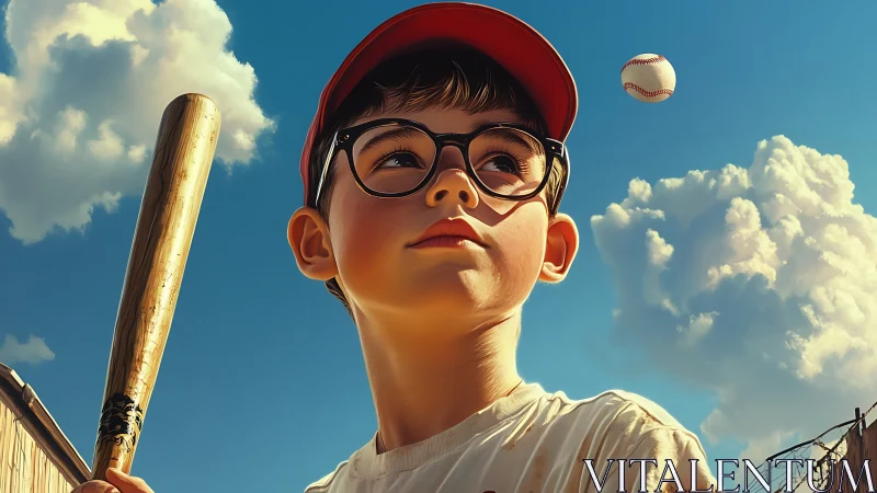 Young baseball player rendered in nostalgic digital realism