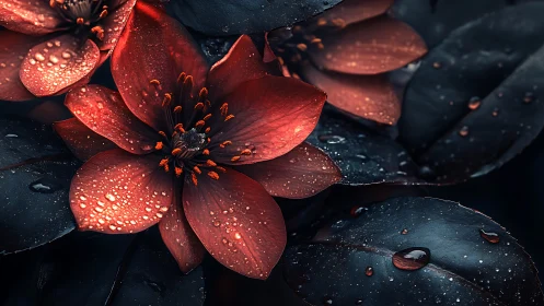 Crimson petals dance through glittering shadow.