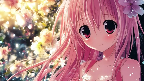 Pink haired anime girl among glowing spring blossoms at dusk.