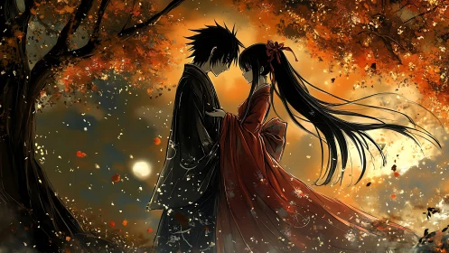 Autumn lovers stand beneath glowing trees in soft twilight