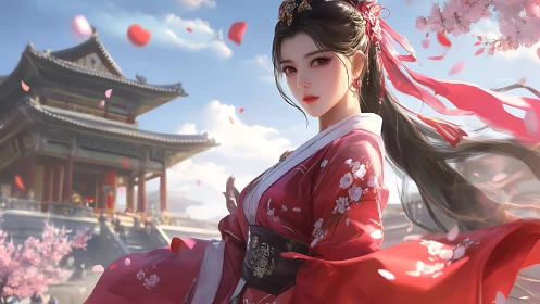 Digital painting of Hanfu woman in red before palace in spring