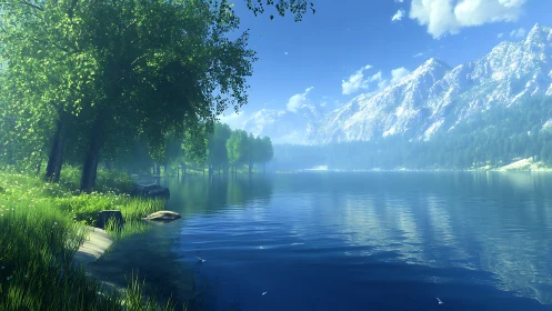 Lake mirrors drifting clouds while pines guard bright shores