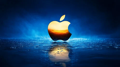 Glowing apple silhouette rises warmly from a shimmering sea