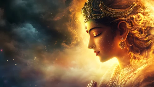 Divine golden goddess in radiant celestial side profile.