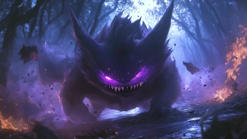 Large glowing-eyed creature advances through burning forest
