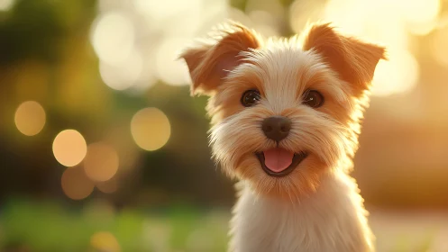 Sunlit fluff sprite pup beaming under golden bokeh glow.