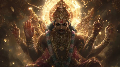 Radiant multi-armed deity radiates divine golden energy.