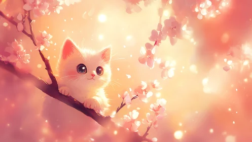 Glowing white cat perched among cherry blossoms in warm light