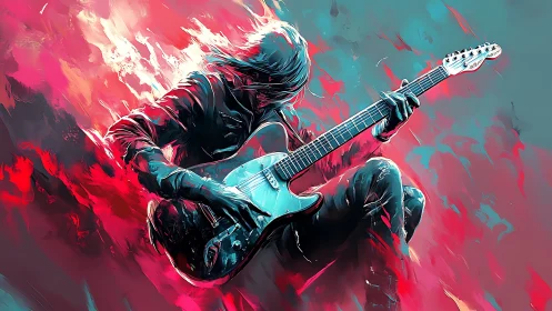 Electric guitarist engulfed in neon inferno of sound and motion.
