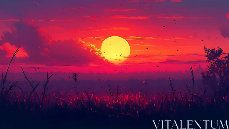 Crimson digital sunset over silhouetted meadow horizon.