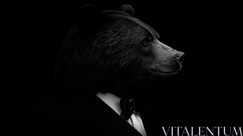 Bear in formal tuxedo rendered as detailed side profile