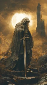 Hooded spectral knight with greatsword before lunar backlight