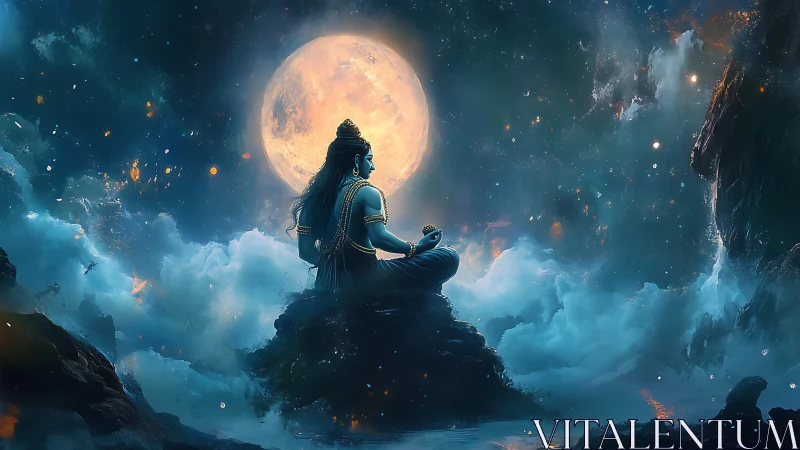 Luminous moonlit deity in meditative pose amid volumetric clouds