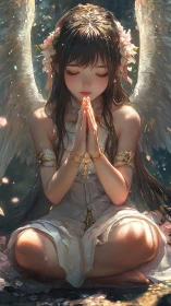 Winged girl in white dress praying in soft forest light.