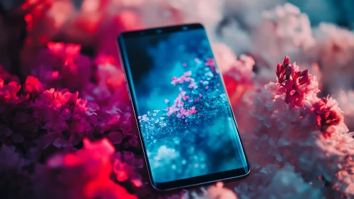 Smartphone Glows Among Vibrant Pink and Blue Flowers