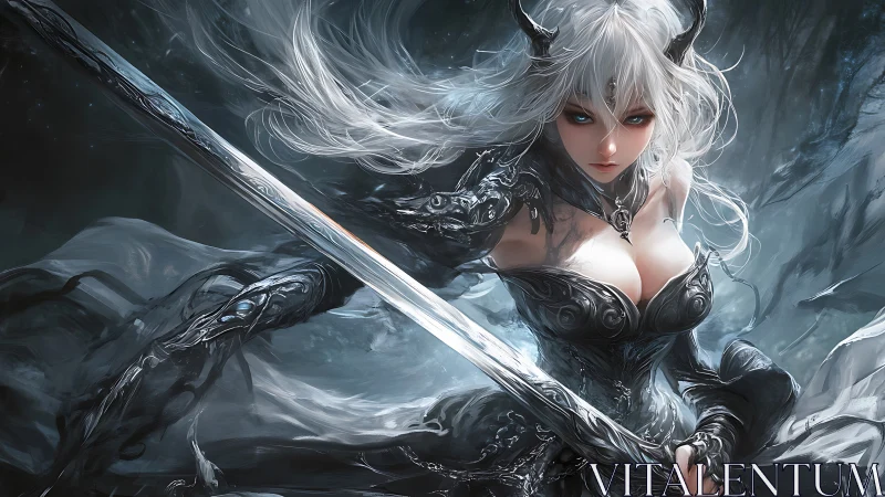 Dark fantasy swordmistress in dynamic diagonal composition.