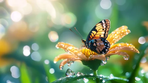 Butterfly rests on dewy bloom in dreamy garden light.
