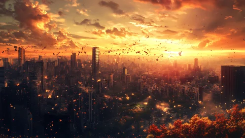 Sunlit metropolis skyline with drifting autumn foliage at dusk.