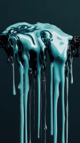 Turquoise liquid drips over dark surface with glossy trails