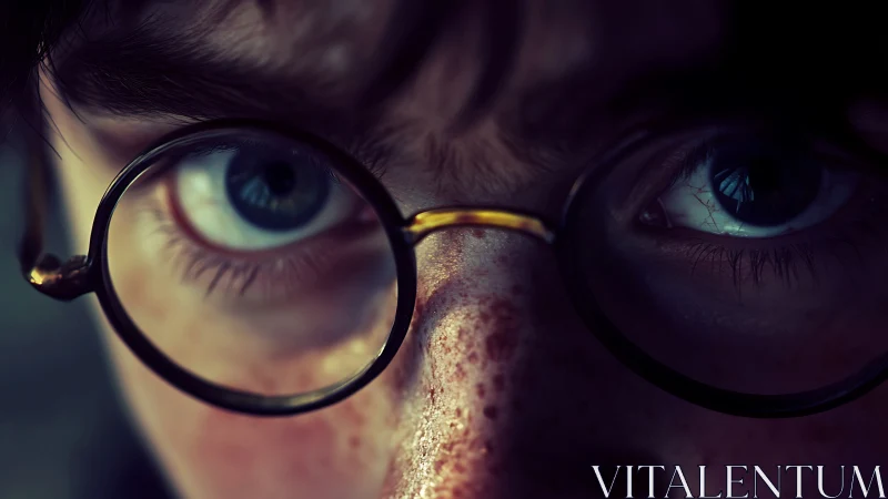 Close view of freckled face with round glasses frame.