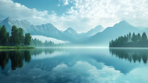 Calm alpine lake with misty conifer forests and snow ridges