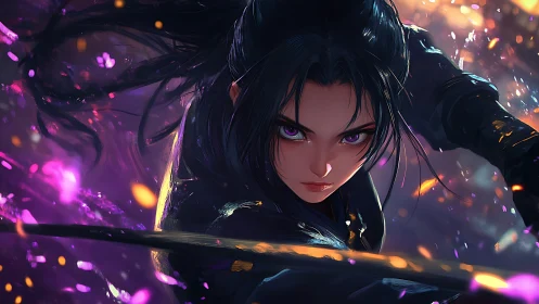 Violet-eyed swordswoman lunging through neon embers at dusk.