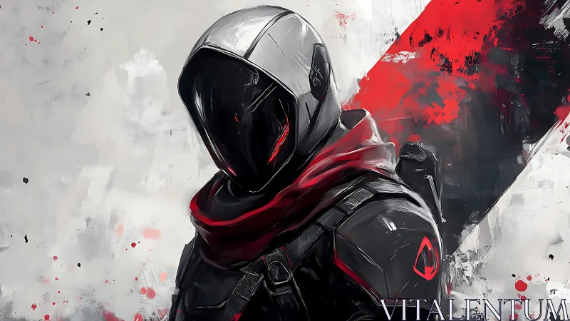 Futuristic armored assassin in red and black armor.