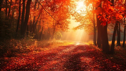 Sunlit autumn forest path glowing with warm golden light.