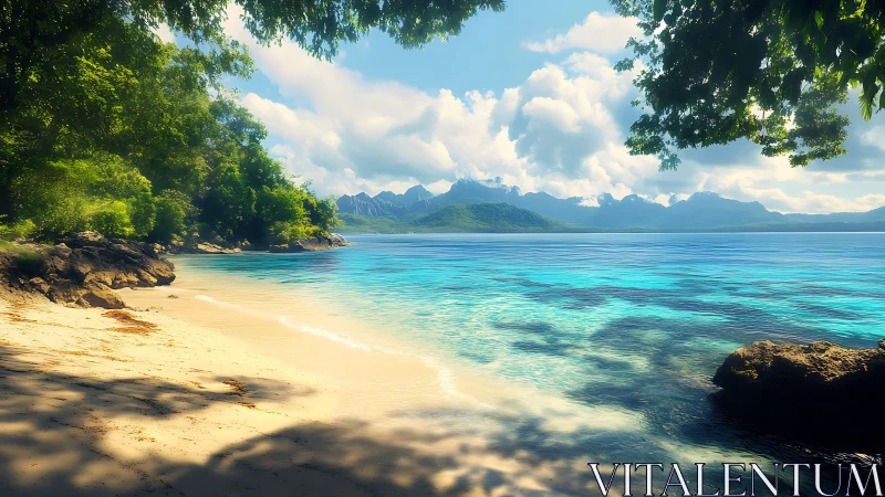 Tropical Coastal Beach with Mountain Vista and Clear Waters.