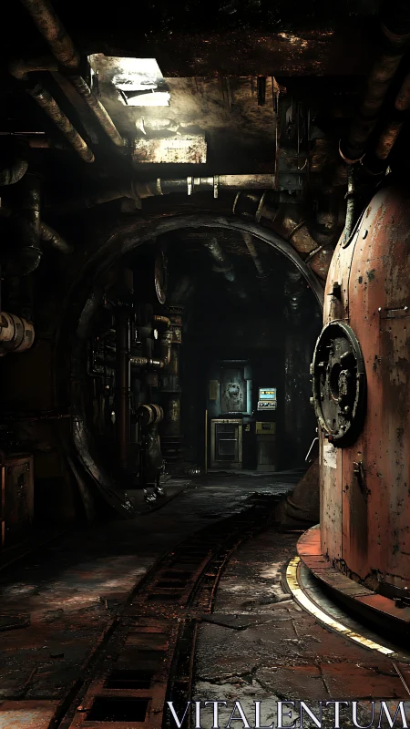 Corroded industrial tunnel reveals rusted boiler and service track