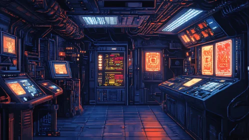 Cybernetic control room glows with dense neon interface grids