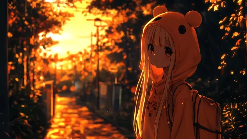 Sunlit alley stroll with hooded girl in amber glow.