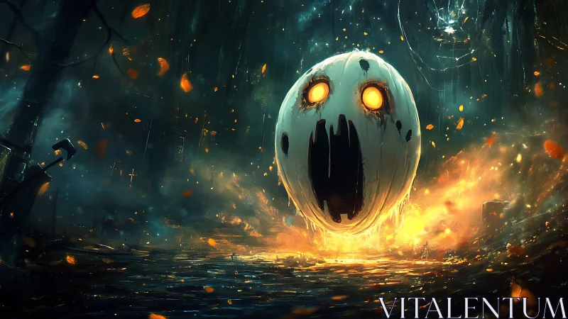 Ghostly flaming pumpkin floats in a haunted forest night.