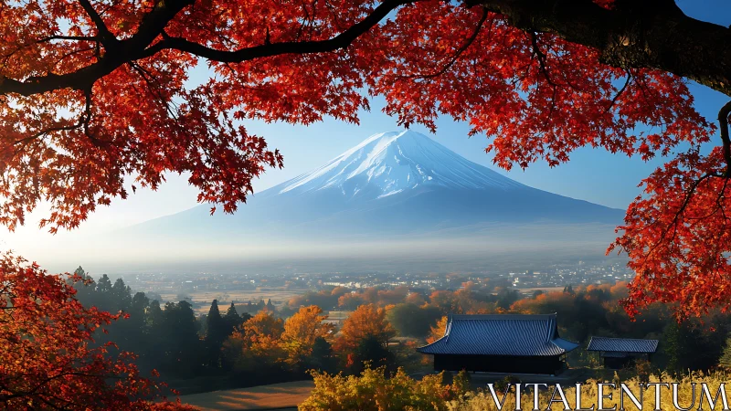 Snow‑capped mountain overlooks valley framed by red foliage