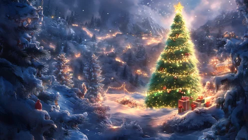 Christmas tree glows over snow-covered alpine valley at night