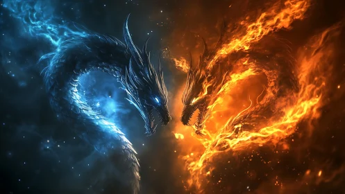 Opposed elemental dragon forms occupy mirrored spatial arcs