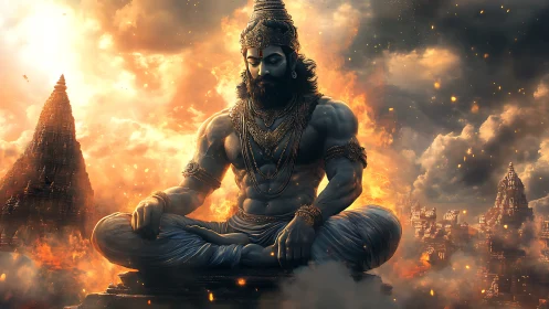 Majestic meditating deity glows calmly amid swirling fire