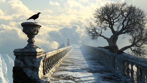Aerial stone causeway with corvid sentinel above clouds.