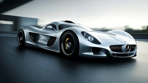 Silver Mercedes concept supercar racing on modern track.