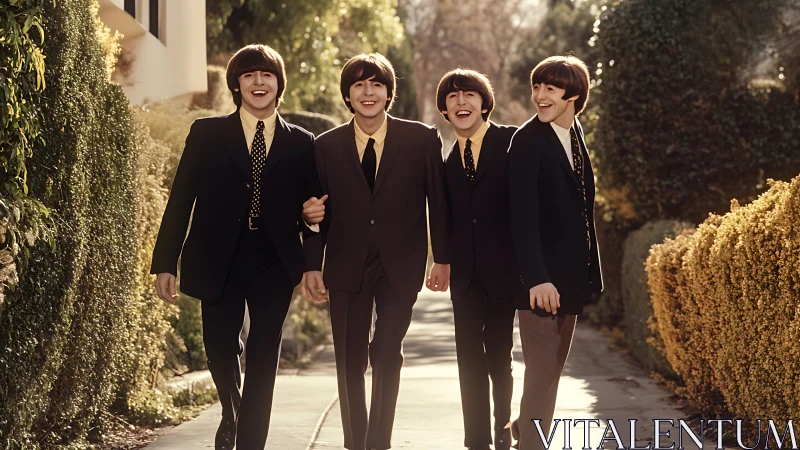 Retro-styled boy band walking together on sunny garden path.