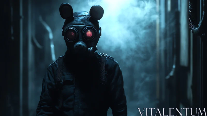 Mysterious gas mask wanderer glows in a foggy blue alley