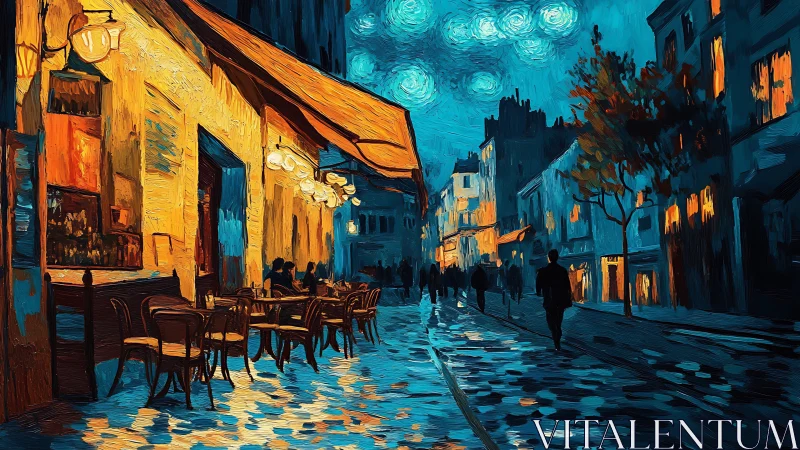 Nocturnal caf&eacute; street scene in expressive impasto brushwork.